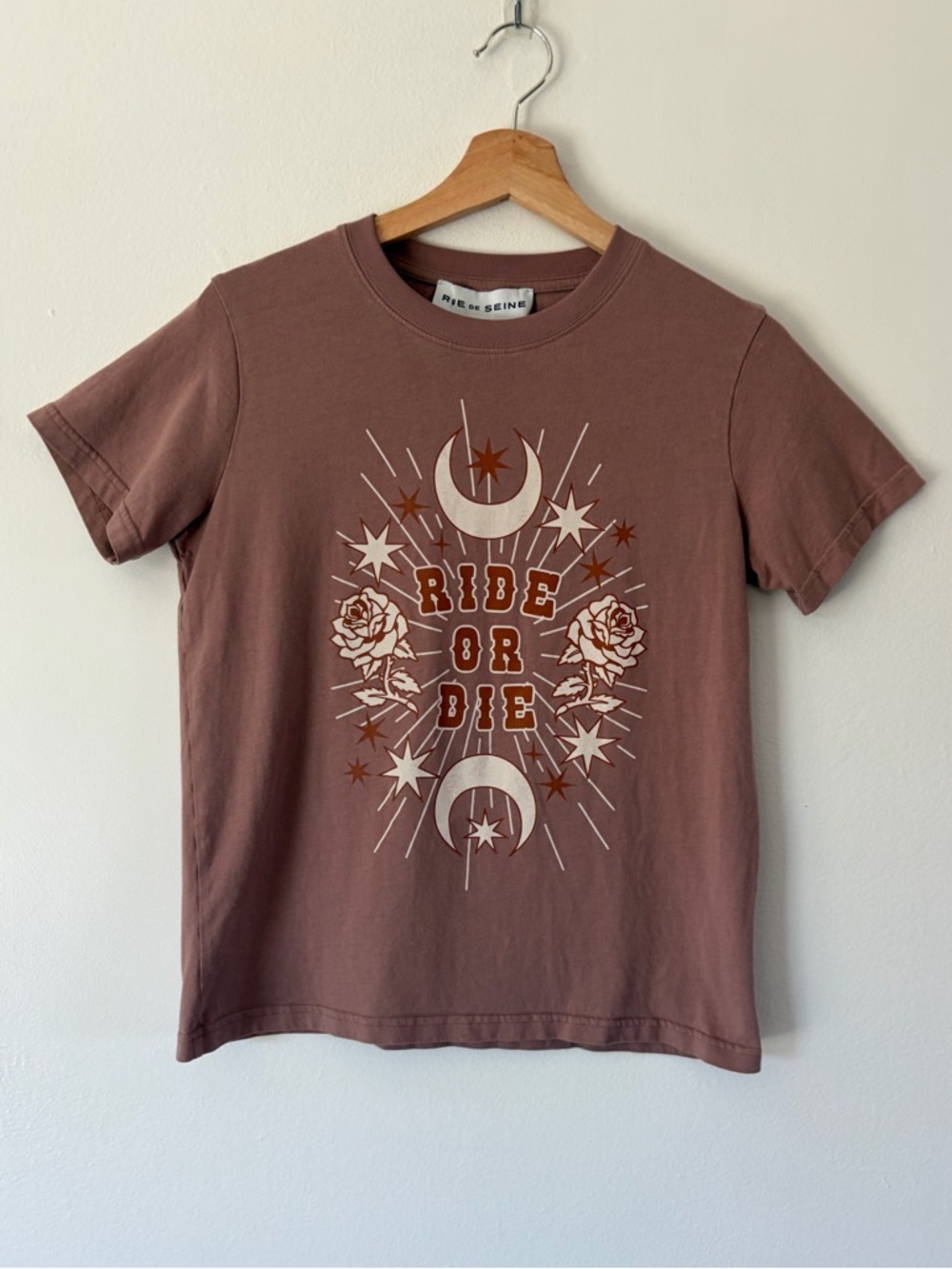 RUE DE SEINE Ride or Die Rose, Star & Moon Graphic Short Sleeve Cotton Crewneck